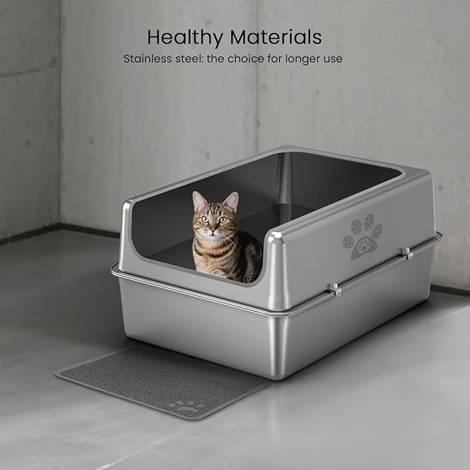 Enclosed Stainless Steel Cat Litter Box with Lid, Oversize Metal Litter Box for Multi Cats, XXXL Supersize Cat Toilet with High Side, Non-Stick, Anti-Leakage, Odorless, with Litter Mat & Litter Scoop-Mewly Pet