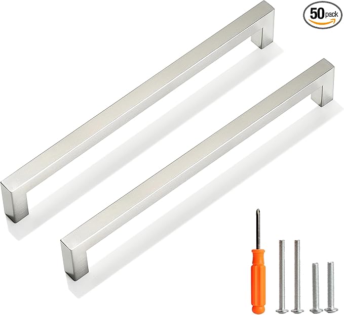 Cabinet Pulls Brushed Nickel Cabinet Handles Square Drawer Pulls, 50 Pack 8-4/5 Inch Stainless Steel Kitchen Door Cupboard Cabinet Handles, Cabinet Hardware Drawer Handles, 224mm Hole Centers