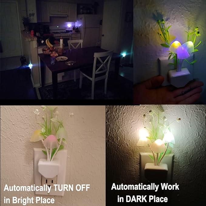 AUSAYE Sensor Night Light Plug in Mushroom Light LED Color Changing Nightlights for Kids, Adults, Bedroom, Bathroom,Hallway, Stairs, Kitchen Pack of 6