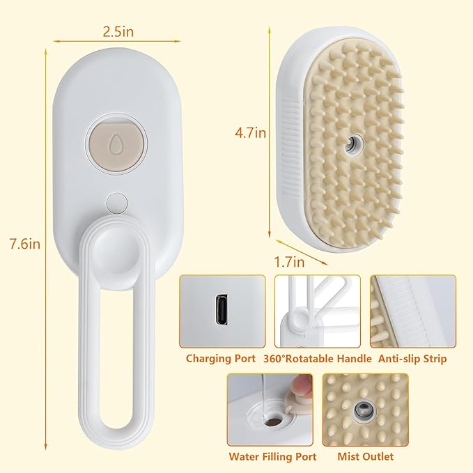 4 in 1 Cat Steam Brush Rechargeable pet spray comb Steam Brush for Cats and Dogs, Massage, Cleaning, Shedding & Combing Multifunctional Hair Removal Anti Static Grooming Tool for home (White)-Mewly Pet