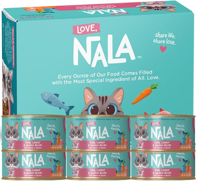 LOVE, NALA - Natural Adult Cat Wet Food - Pate Tuna, Carrot, & Salmon Recipe - Grain Free, Non-GMO, Digestive Fiber Blend, Minerals, Vitamins - 12 Pack 2.4 lbs.-Mewly Pet