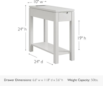 Leick Home Cade Wood Side Table with Drawer, AC & USB Outlet, Floating Top Design, Solid Wood, Storage Shelf, Compact for Small Spaces, 24 in D x 10 in W x 24 in H, Gray, 9080-GR