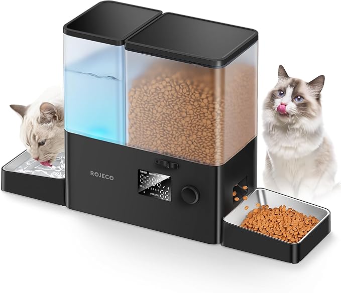 Rojeco 36Cups/8.5L Pet Automatic Cat Feeder and Gravity Water Dispenser,Stainless Steel Bowls 2-in-1 Set Large Capacity 5L Food Feeder and 3.5L Water Fountain for Cats,Pets,Small Dogs,Black-Mewly Pet
