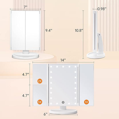 FASCINATE Trifold Vanity Mirror with Lights, Lighted Makeup Mirror 2X/3X Magnification, 21 LED Touch Dimming, Dual Power 180° Rotation Lit Beauty Table Mirror, Make up Mirror with Lighting