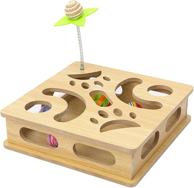 Interactive Wooden Cat Puzzle Toy Box Indoor Hunting Play Toy to Stimulate Your Cat’s Energy and Instincts (Burlywood)-Mewly Pet