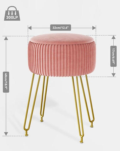 IBUYKE Velvet Storage Footrest Stool Ottoman, Makeup Vanity Stool Side Table with Golden Steel Legs Removable Cover, Coffee Table Top Cover, Pink LG-20P