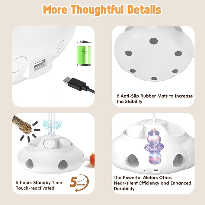 Interactive Cat Toys for Indoor Cats, 4in1 Pet Teaser Toy with Ambush Feather Wand, Motorized Fluttering Butterfly and Slow Feeder, Rechargeable Power Treat Puzzle Toys(White)-Mewly Pet