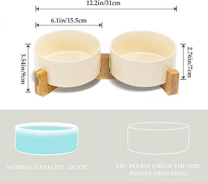 SPUNKYJUNKY Ceramic Dog and Cat Bowl Set with Wooden Stand, Modern Cute Weighted Food Water Set for Small Size Dogs (13.5OZ) & Medium Sized Dogs (28.7OZ) & Cats (3.6 Cups, 2 × Beige)-Mewly Pet