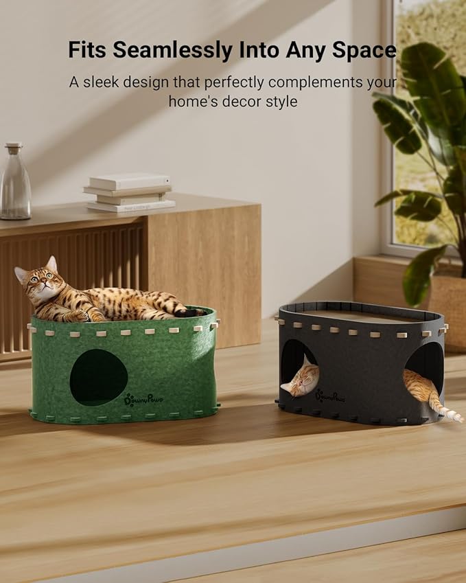 DownyPaws Cat House for Indoor Cats, Cat Bed Cave for Multiple & Large Cats Up to 22 Lbs, Scratch Resistant Peekaboo Cat Caves, Foldable Tunnel Enclosed Bed, PeekaPurr, Forest-Mewly Pet