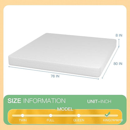 PayLessHere 8 inch Memory Foam Mattress Cooling Gel Green Tea Infused Mattress,CertiPUR-US Certified,Breathable Bed Mattress for Cooler Sleep Supportive & Pressure Relief,White King