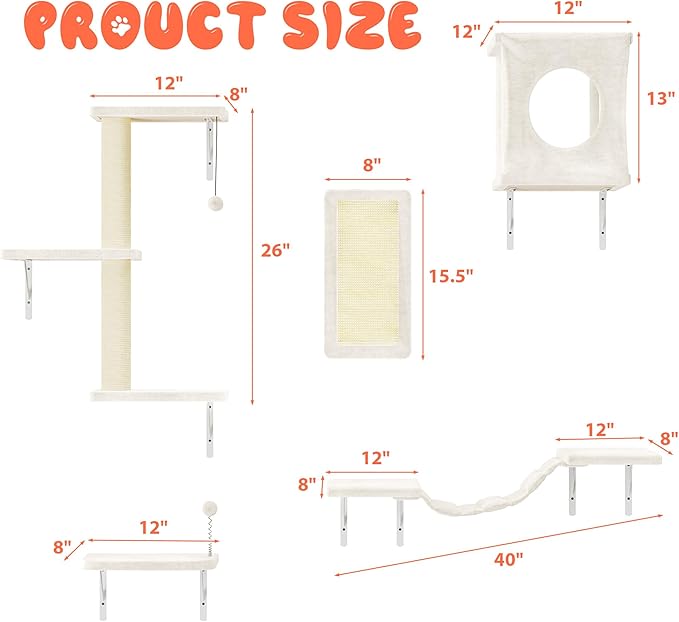 NUNU LAB Wall Mounted Cat Furniture, 5 Pcs Cat Wall Shelves with House, Bridge, Steps, Scratching Post, Shelves, Indoor Safe & Stable Furniture for Kittens Play, Beige-Mewly Pet