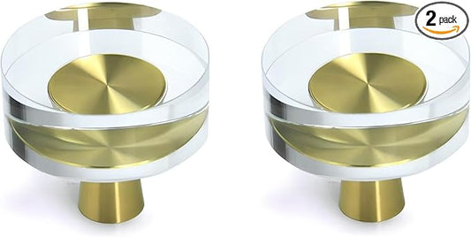 JEREVER 2 Pack Glass Crystal Knobs Brass Drawer Pull Cabinet Handle Gold Furniture Hardware for Dresser Kitchen (Round)