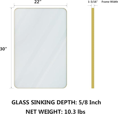 VocalStar Gold Bathroom Mirror for Wall, 22 x 30 Inch Metal Framed Rounded Rectangle Vanity Mirror Modern Farmhouse, 1/4-inch Shatterproof Glass | Ultra-Flush Hanging
