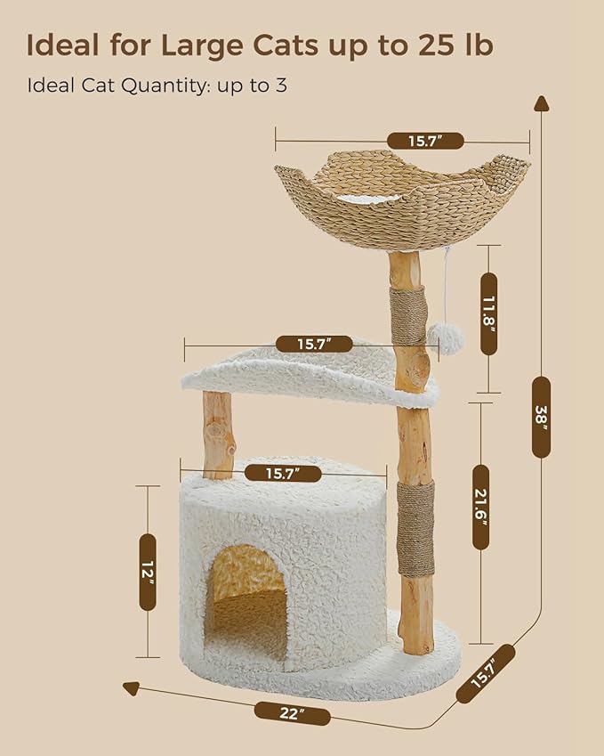 Modern Cat Tree Tower for Large Cats, Wood Cat Tower with Natural Scratching Post, Solid Wood Condo, Real Branch Luxury Cat Furniture with Curved Bed, Top Basket, White-Mewly Pet