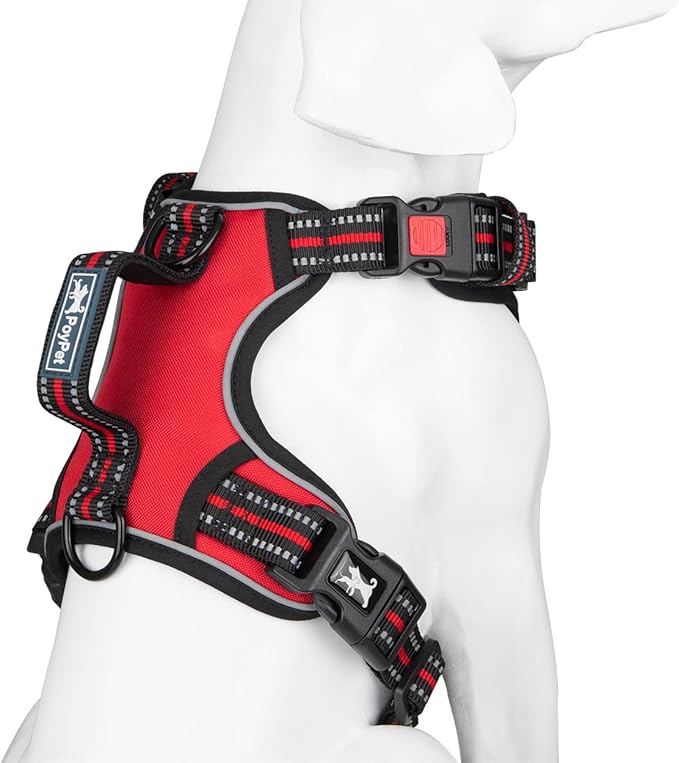 PoyPet No Pull Dog Harness, No Choke Front Clip Reflective Dog Vest with Soft Padded Vertical Handle, 3 Leash Attachments for Small Medium Large Dogs (Red,L)-Mewly Pet