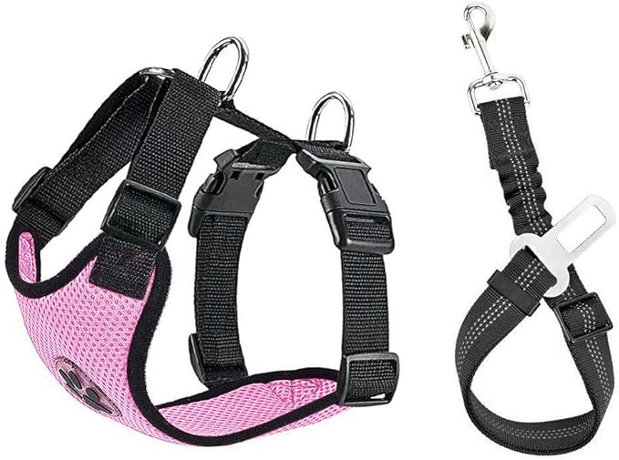 SlowTon Dog Seat Belt Harness for Car, Dog Car Harness Adjustable Mesh Breathable & Dog Seatbelt Safety Tether with Elastic Bungee for Small Medium Large Pets(Pink, Single Clip, S)-Mewly Pet