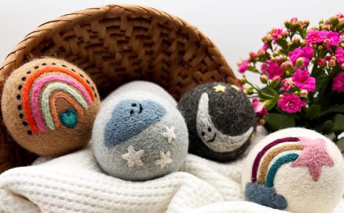 Fluff Ewes Wool Dryer Balls 6 Pack Premium New Zealand Wool Laundry Balls for Dryer, No Static Dryer Balls Laundry Reusable, XL Wool Dryer Balls Cute, Baby Dryer Balls for Dryers - Rainbow or Shine-Mewly Pet