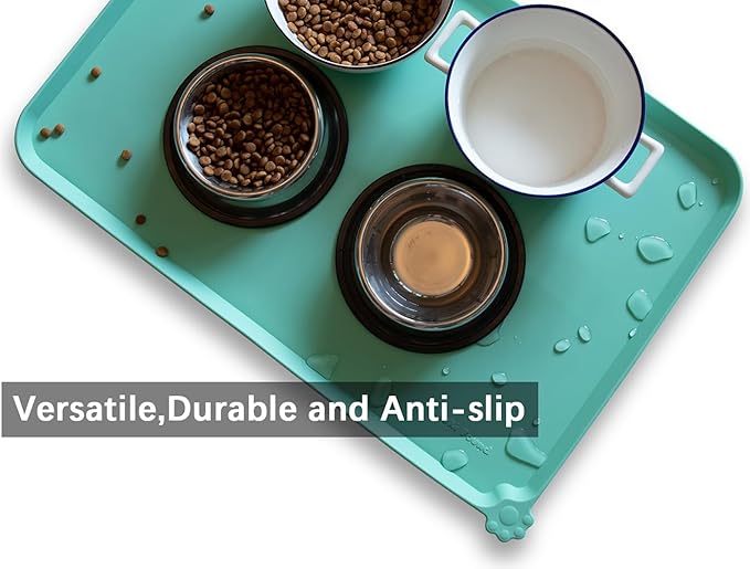 Hoki Found Large Silicone Non Slip Pet Food Mats - Tray for Dogs and Cats - Waterproof Feeding Mats - Cool Mint-Mewly Pet