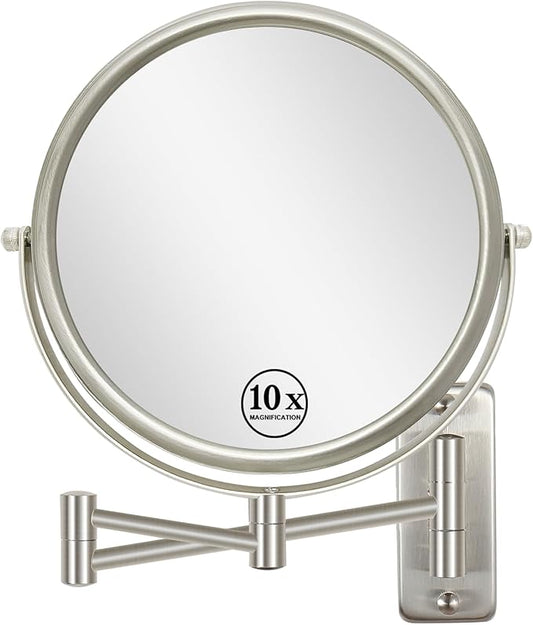 8" Wall Mounted Makeup Mirror 1X/ 10x Magnifying Mirror Double Sided Vanity Makeup Mirror for Bathroom Nickel Brush Finish