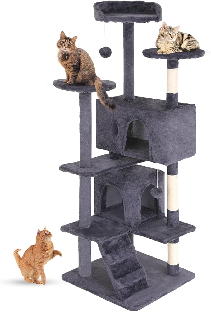 FDW Cat Tree 54in Cat Tower Multi-Level Durable Cat Scratching Post & Cozy Fun Cat Jumping Platform Space Saving Cat Condo Pet Play House for Indoor Cats,Ashy-Mewly Pet