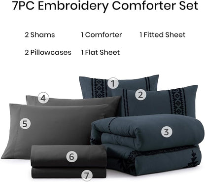 MaiRêve Embroidery King Size Comforter Set Blue Grey, Boho Farmhouse Western Bedding Set 7 Pieces, All Season Bed in A Bag Comforter Set with Sheets, Pillowcases & Shams