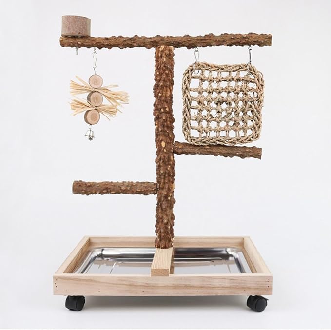 Natural Wood Parrot Stand - Ideal Toy & Accessory for Parakeets, Canaries, Cockatiels, Conure, Lovebirds - Bird Perch Stand with Removable Tray Climbing Net Chewing Toys- Perfect Pet Birds Playstand-Mewly Pet