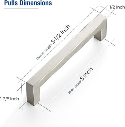 JOY DECOR 4 Pack Cabinet Handles, Brushed Nickel Cabinet Pulls, 5 Inch Kitchen Closet Handles Square Drawer Pulls Stainless Steel Drawer Hardware, 128mm Hole Centers