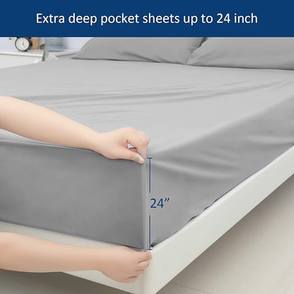 Moonsea Extra Deep Pocket Queen Sheet Sets for Air Mattress - Deep Pocket Sheets Queen Size Sets - Sheets with Pocket on Side - Easily Fits Extra Deep 16 in to 24 in Pillow Top Air Mattress (Grey)