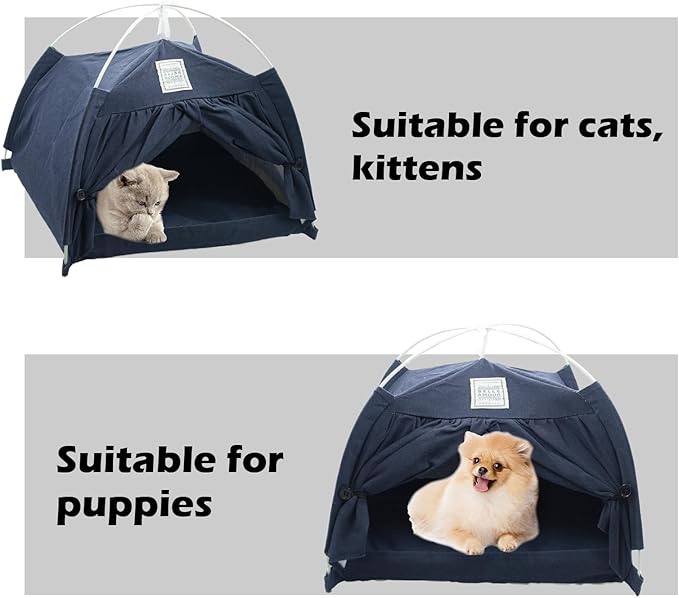 Cat Tent Bed,Cats Cave House Portable for Indoor with Removable Non-Slip Soft Pad Foldable Cat Tents Hut Washable Pet House Bed Outdoor for Kitty Puppy Small Pets 15.7x15.7x16.1 in (Navy Blue)-Mewly Pet