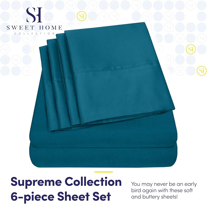 Sweet Home Collection 6 Piece 1500 Supreme Collection Brushed Microfiber Deep Pocket Sheet Set-2 Extra Pillow Cases, Great Value, Rv Short Queen, Teal