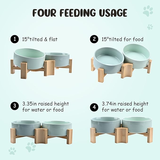 SPUNKYJUNKY 15° Slanted Ceramic Dog and Cat Bowl with Wooden Stand, Tilted Bulldog Food and Water Bowl No Slip Non-Spill for Cats Medium Dogs Big Face Pets 13.5 OZ (1.7 Cups, Morandi Green × 2)-Mewly Pet
