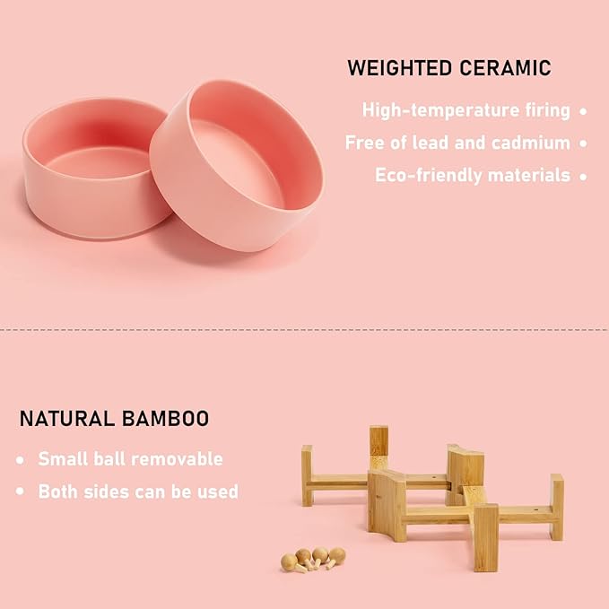 SPUNKYJUNKY 15° Slanted Ceramic Dog and Cat Bowl with Wooden Stand, Tilted Bulldog Food and Water Bowl No Slip Non-Spill for Cats Medium Dogs Big Face Pets 28.7 OZ (3.6 Cups, Pink × 2)-Mewly Pet
