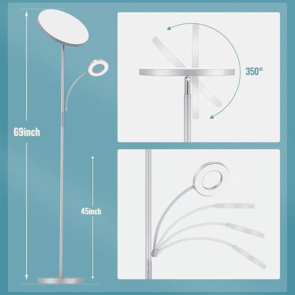 Silver Gray Floor Lamp, 42W 4000LM Super Bright LED Lamp with Reading Light for Living Room Bedroom Office, Dimmable Standing Lamp with Remote & Touch Control