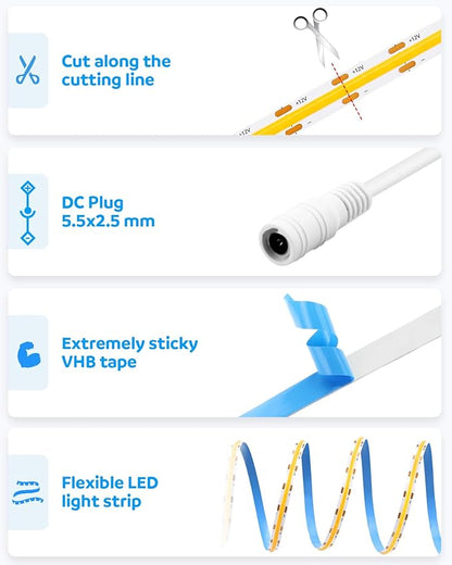 Aclorol COB Led Strip Light 12V 16.4ft Led Strip Lights 3000K Warm White 1600Leds CRI85+ Flexible LED Tape Lighting for Bedroom TV Party Home Indoor Decor(Power Supply&LED Dimmer Not Included)