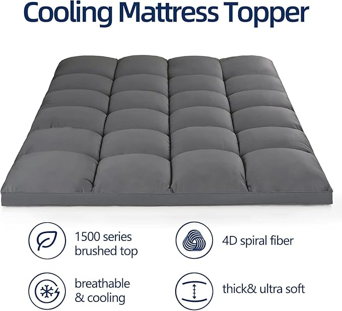 Mattress Topper Full for Back Pain, Extra Thick Mattress Pad Cover, Plush Pillow Top, Deep Elastic Pocket, Grey