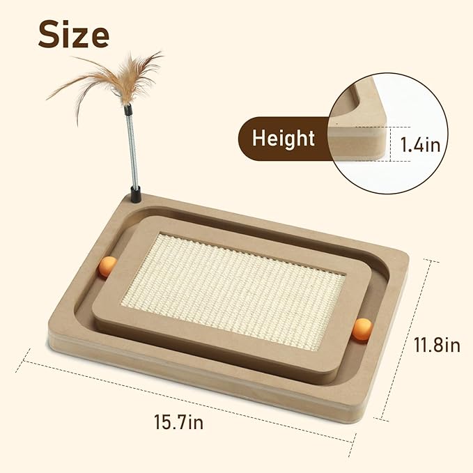 PEEKAB Cat Scratcher,Sisal Scratching Board with Track Ball Interactive Toy and Swing Feather Toys for Indoor Cats and Kittens,Large Heavy Durable-Mewly Pet