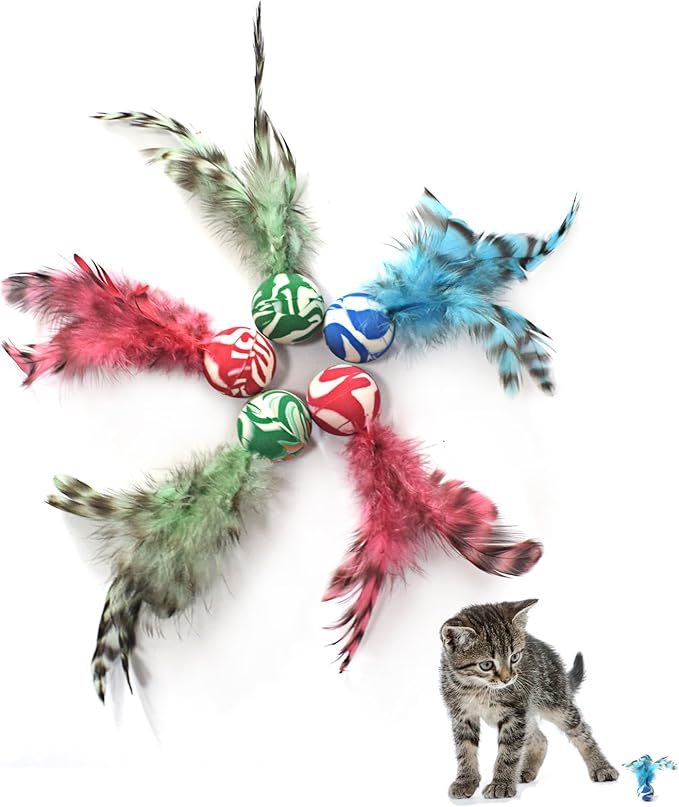 Cat Toy Balls, 5 PCS Colorful Feather Bouncy Balls for Cats No Noise Interactive Kitten Toys Cat Exercise Ball, Safe for Your Kitty (C)-Mewly Pet
