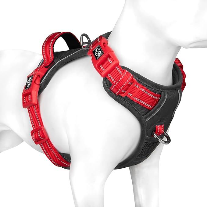 PHOEPET No Pull Dog Harness, Unique Colors Reflective Adjustable Dog Vest, with Soft Training Handle Metal Clips for Small Medium Large Dogs (Black Base & Red Straps,S)-Mewly Pet