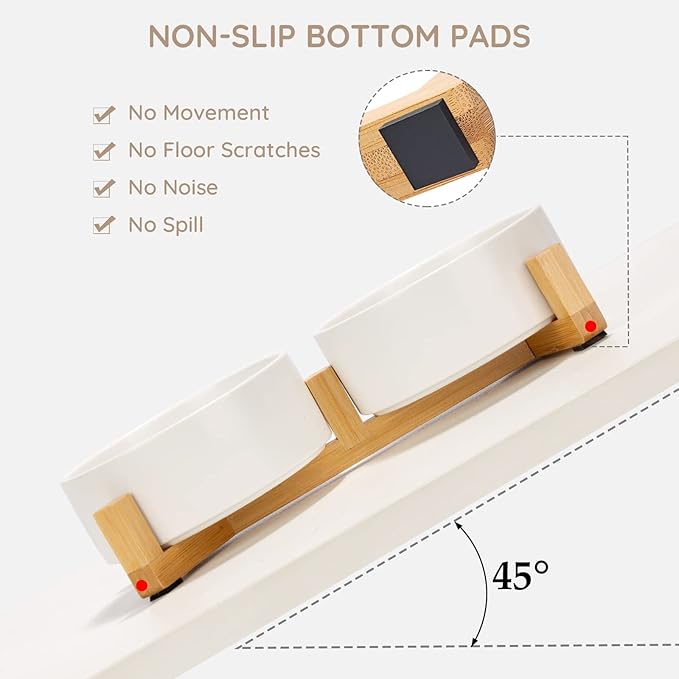 SPUNKYJUNKY Ceramic Dog and Cat Bowl with Wood Stand Non-Slip Matte Glaze Weighted Food Water Set for Cats &Small Dogs 13.5 OZ-Mewly Pet