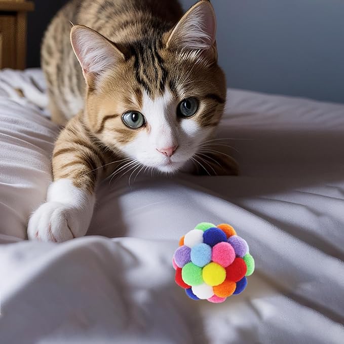 9PCS Cat Toy Balls, 1,75'' Soft Pom Pom Ball for Kittens, Colorful Soft Fuzzy Balls Built-in Bell for Cats, Interactive Playing Chewing Toys for Indoor Cats and Kittens, Cute Kitten Kitty Toys-Mewly Pet