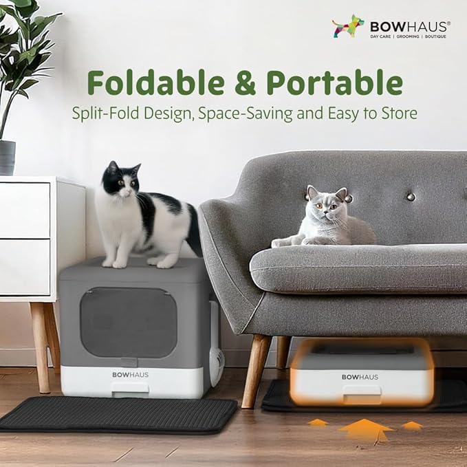 Foldable Cat Litter Box w/Lid, Scoop & Mat, Drawer Design Cat Toilet for Kitten, Two-Way Entry Kitty Litter Box, Odor Control & Easy to Clean, Dark Grey-Mewly Pet