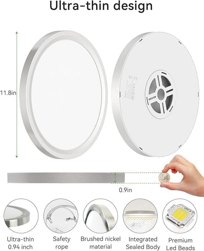 zemty LED Ceiling Light Brushed Nickel - 12In 28W Silver Round Flat Light Fixture with 3 Color Temperature 3000K/4500K/6000K - 3200lm Flush Mount Ceiling Light for Kitchen Bathroom Shower,6 Pack