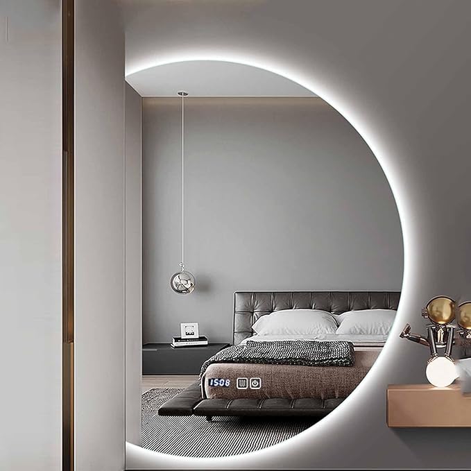 Half Moon LED Bathroom Mirror, Frameless Backlit Wall Mirror, Anti-Fog Smart Vanity Mirror,3 Colors Lights Dimmable Brightness and Time,Touch Switch (Right Semicircle, 110 * 77)