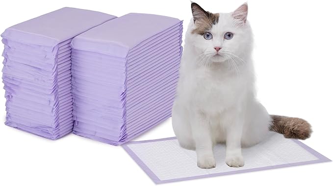 Amazon Basics Cat Pee Pads, 60 Count, Universal Fit for Litter Box, Odor Control with Lemon Scent, White/Purple-Mewly Pet