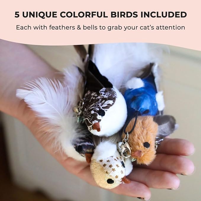 Interactive Bird Simulation Cat Toy Set, Interactive Cat Toys for Indoor Cats, Cat Feather Toy, Self-Holding Suction Base, 5 Replacement Birds, Feathers & Bells, Realistic Bird Impression-Mewly Pet