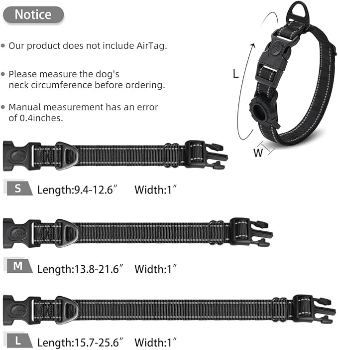 JSXD AirTag Dog Collar, Night Reflective Nylon Dog Collar for Small Medium Large Dogs,Lockable Quick Release Buckle,Padded Breathable Pet Collar with AirTag Holder (Black, Small)-Mewly Pet