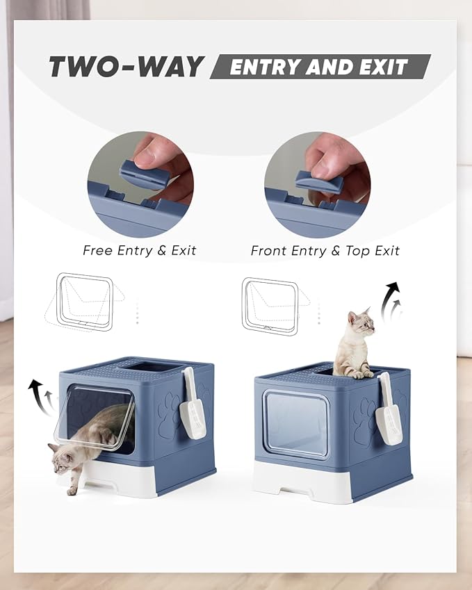 Enclosed Cat Litter Box, Large Litter Box for Big Cats, Covered Kitty Litter Boxes with Lid, Top Entry Cat Box Enclosure with Scoop, Odor Control, Easy to Clean(Blue)-Mewly Pet