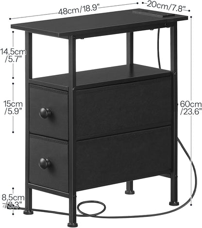HOOBRO End Table with Charging Station, Narrow Side Table with 2 Fabric Drawers, Skinny Nightstand with Storage, Slim Bedside Table for Bedroom, Living Room, Small Spaces, Black BB487UBZ01
