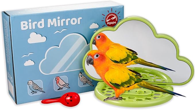 Agape Bird Mirror with Perch&Slow Feeder, Birds Toys for Boredom&Anxiety, Bird Cage Accessories for Parrots to Expend Energy, Interactive Toys for Parakeet, Cockatiel, Lovebird, Conure, Finch, Budgies-Mewly Pet