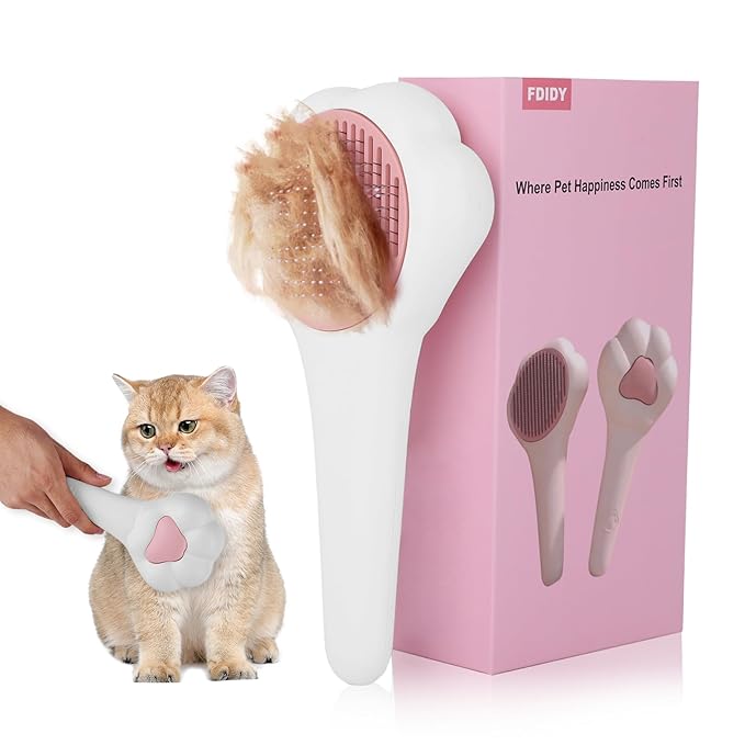 Cat Brush with Release Button Self-Cleaning and Skin-Friendly Grooming and Shedding Tool for Long and Short Haired Cats & Dogs, 140° Comb Teeth, Removes Loose Undercoats and Promotes Healthy Fur-Mewly Pet
